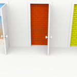 Doorways and Door Dreams concept of choice shows three doors; only one opens to scenery, and the other two open to brick walls.