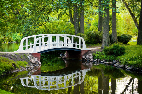 A white bridge connecting a foot path over a pond. Bridges are types or doorways in dreams.