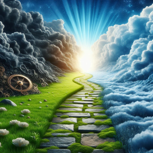 AI generated pathway grassy stone pathway with dark clouds on one side blue clouds opposite side, the end of the path glowing brightly on the horizon, depicting a journey guided by scrolls of life. Created 02142024 1:02am EST.