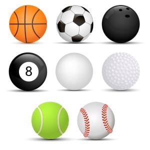 Colorful vector showing multiple sports ball on a white background, includes basketball, soccer ball, billiards ball, golf ball, tennis ball, baseball, bowling ball, and plan white ball used in water polo.