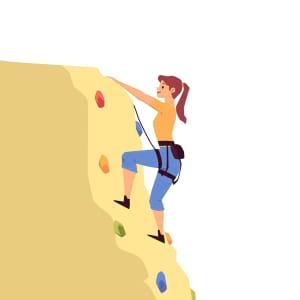 Dream gymnastics cartoon vector of a female climbing a yellow rock with colorful climbing holds.