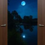 Dreams and spiritual gates, double doors opening to a night sky with a moon reflected in water