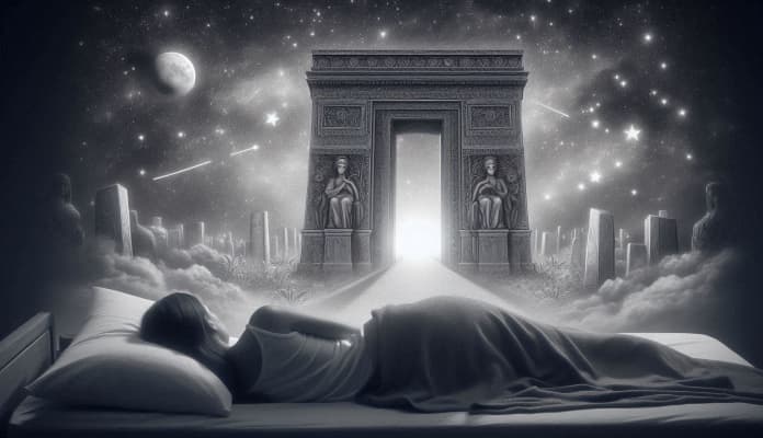 Dark Dreams and our spiritual gates. AI generated grayscale image of the back of a woman in bed facing a square archway against a dark sky with stars and the moon.