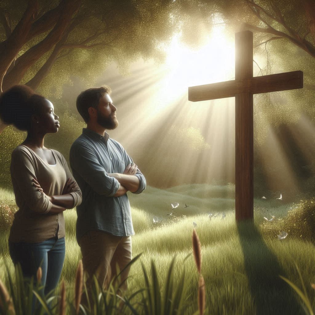 The Biblical Meaning of the Cross in a Dream, illustrated by a man and woman standing in a grassy field and looking at a wooden cross with sunlight streaming down on it through tree branches.