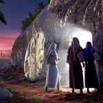 Three women standing outside the empty tomb at Jesus' Resurrection